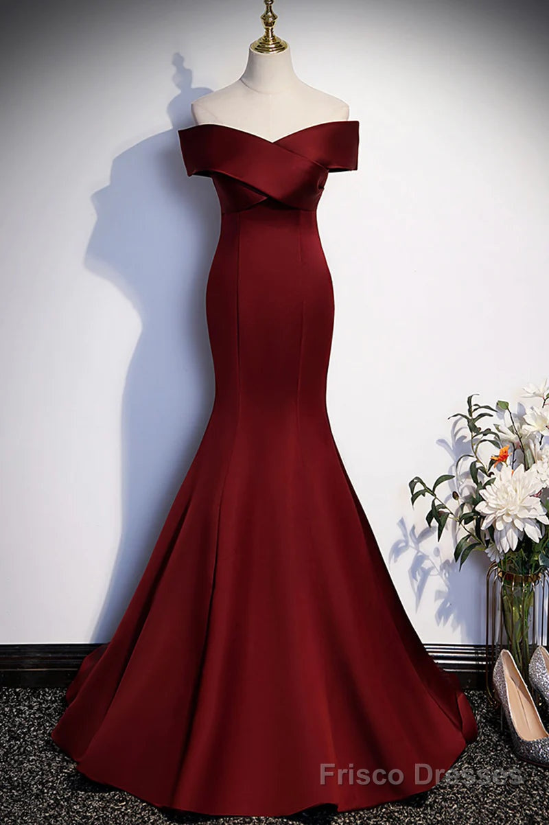 Wine Red Mermaid Long Prom Dress, Off the Shoulder V-Neck Wedding Party Dress