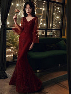 Wine Red Mermaid Long Prom Dress With Lace, V-Neckline Prom Dress
