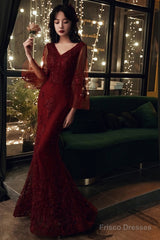 Wine Red Mermaid Long Prom Dress With Lace, V-Neckline Prom Dress