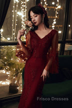 Wine Red Mermaid Long Formal Prom Dress With Lace, V-Neckline Formal Prom Dress
