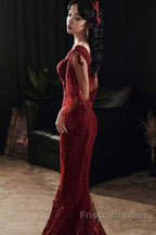 Wine Red Mermaid Long Formal Prom Dress With Lace, V-Neckline Formal Prom Dress