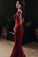 Wine Red Mermaid Long Prom Dress With Lace, V-Neckline Prom Dress