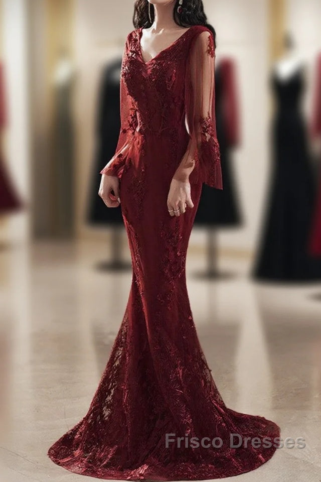 Wine Red Mermaid Long Formal Prom Dress With Lace, V-Neckline Formal Prom Dress Main image
