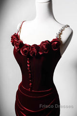 Wine Red Mermaid Straps Beaded Long Formal Dress, Wine Red Evening Dress Formal Prom Dress