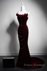 Wine Red Mermaid Straps Beaded Long Formal Dress, Wine Red Evening Dress Formal Prom Dress