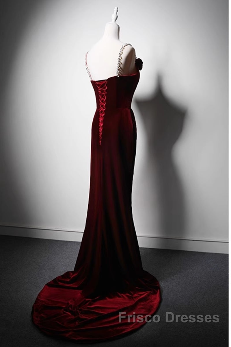 Wine Red Mermaid Straps Beaded Long Formal Dress, Wine Red Evening Dress Formal Prom Dress
