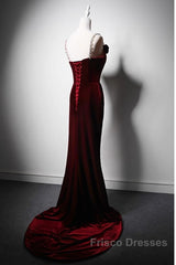 Wine Red Mermaid Straps Beaded Long Formal Dress, Wine Red Evening Dress Formal Prom Dress