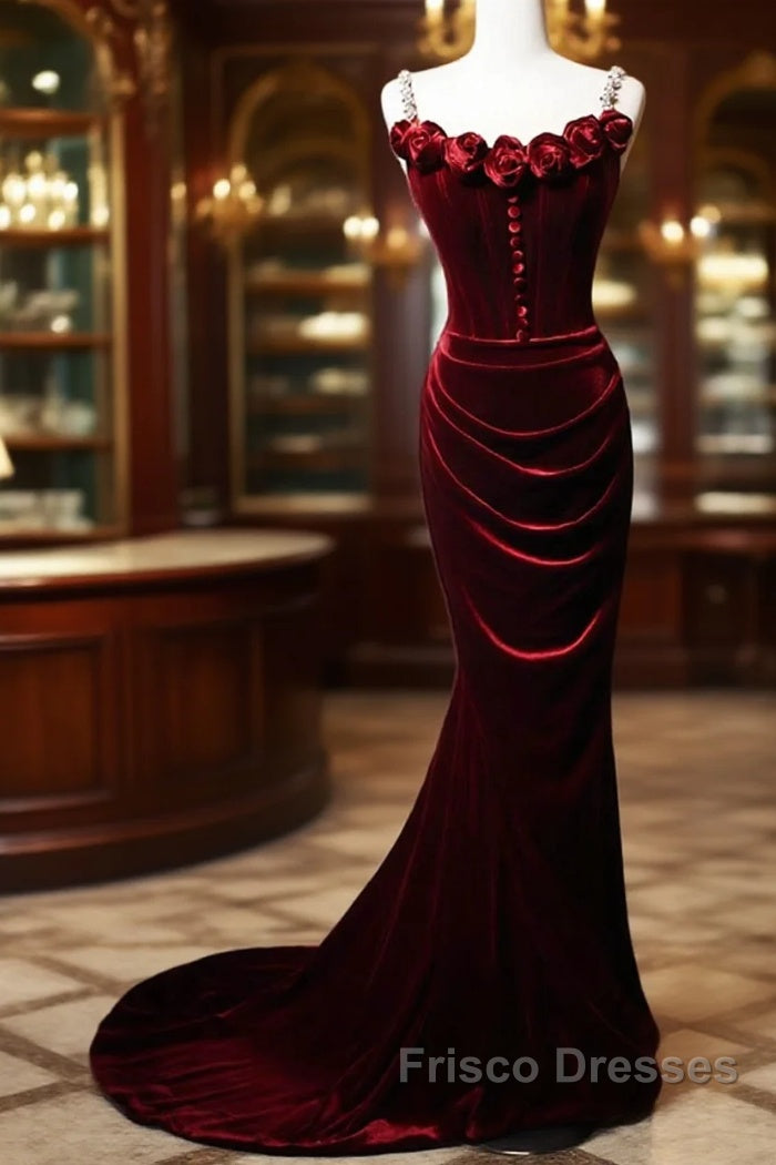 Wine Red Mermaid Straps Beaded Long Formal Dress, Wine Red Evening Dress Formal Prom Dress