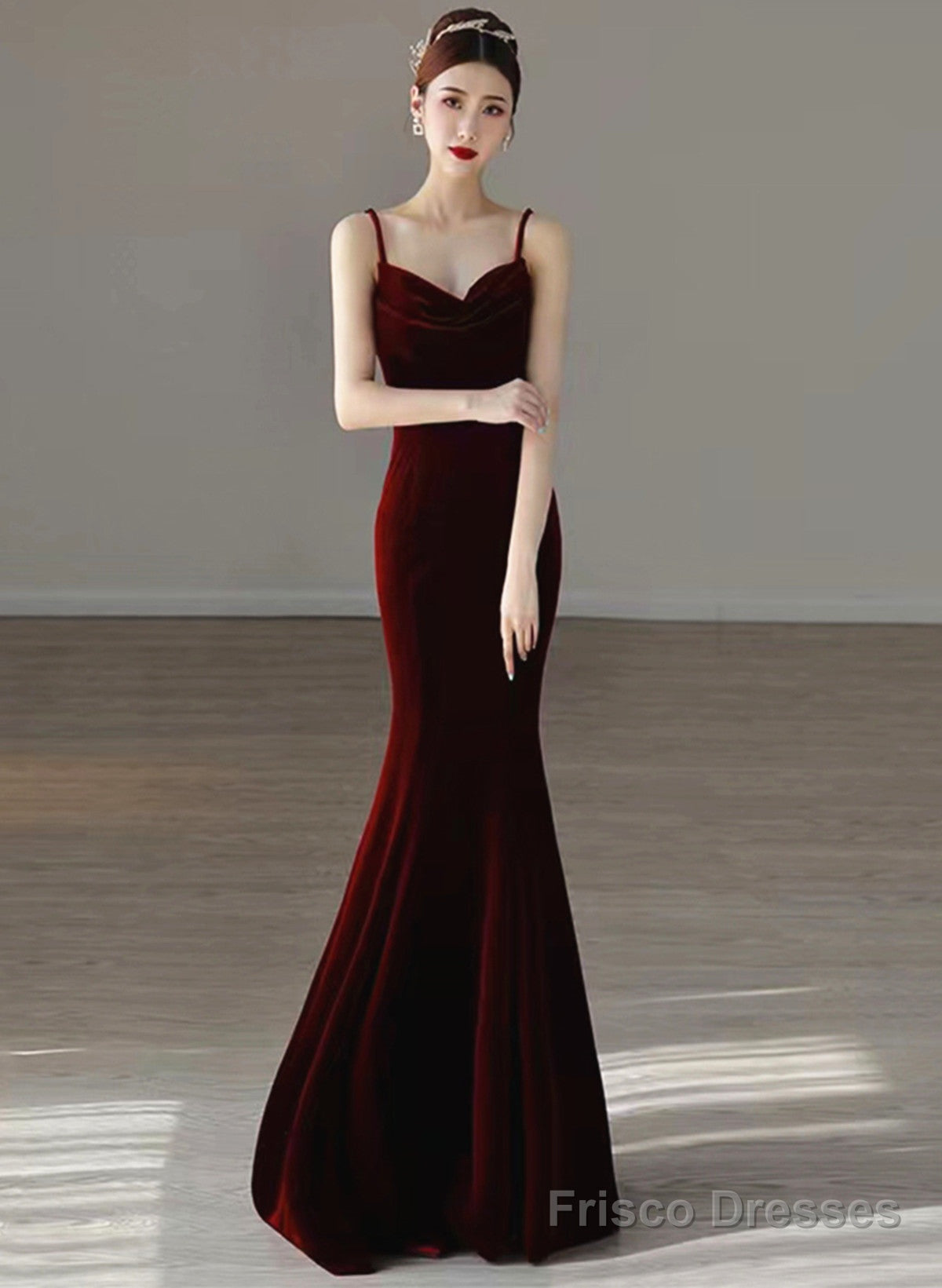 Wine Red Mermaid Straps Long Party Dress, Wine Red Velvet Long Prom Dress Main image