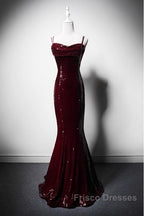 Wine Red Mermaid Straps Long Formal Prom Dress Party Dress, Wine Red Sequins Evening Dress