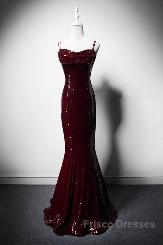 Wine Red Mermaid Straps Long Formal Prom Dress Party Dress, Wine Red Sequins Evening Dress