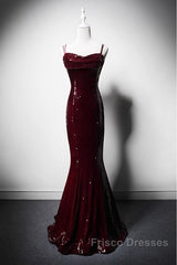 Wine Red Mermaid Straps Long Formal Prom Dress Party Dress, Wine Red Sequins Evening Dress