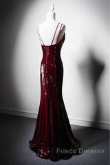 Wine Red Mermaid Straps Long Formal Prom Dress Party Dress, Wine Red Sequins Evening Dress