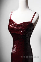 Wine Red Mermaid Straps Long Formal Prom Dress Party Dress, Wine Red Sequins Evening Dress