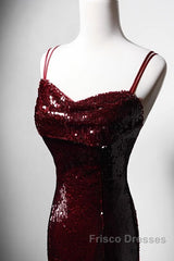 Wine Red Mermaid Straps Long Formal Prom Dress Party Dress, Wine Red Sequins Evening Dress