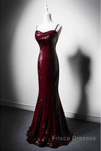 Wine Red Mermaid Straps Long Formal Prom Dress Party Dress, Wine Red Sequins Evening Dress