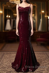 Wine Red Mermaid Straps Long Formal Prom Dress Party Dress, Wine Red Sequins Evening Dress