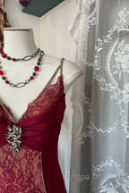 Wine Red Mermaid Straps Sweetheart Party Dress, Wine Red Lace Formal Prom Dress