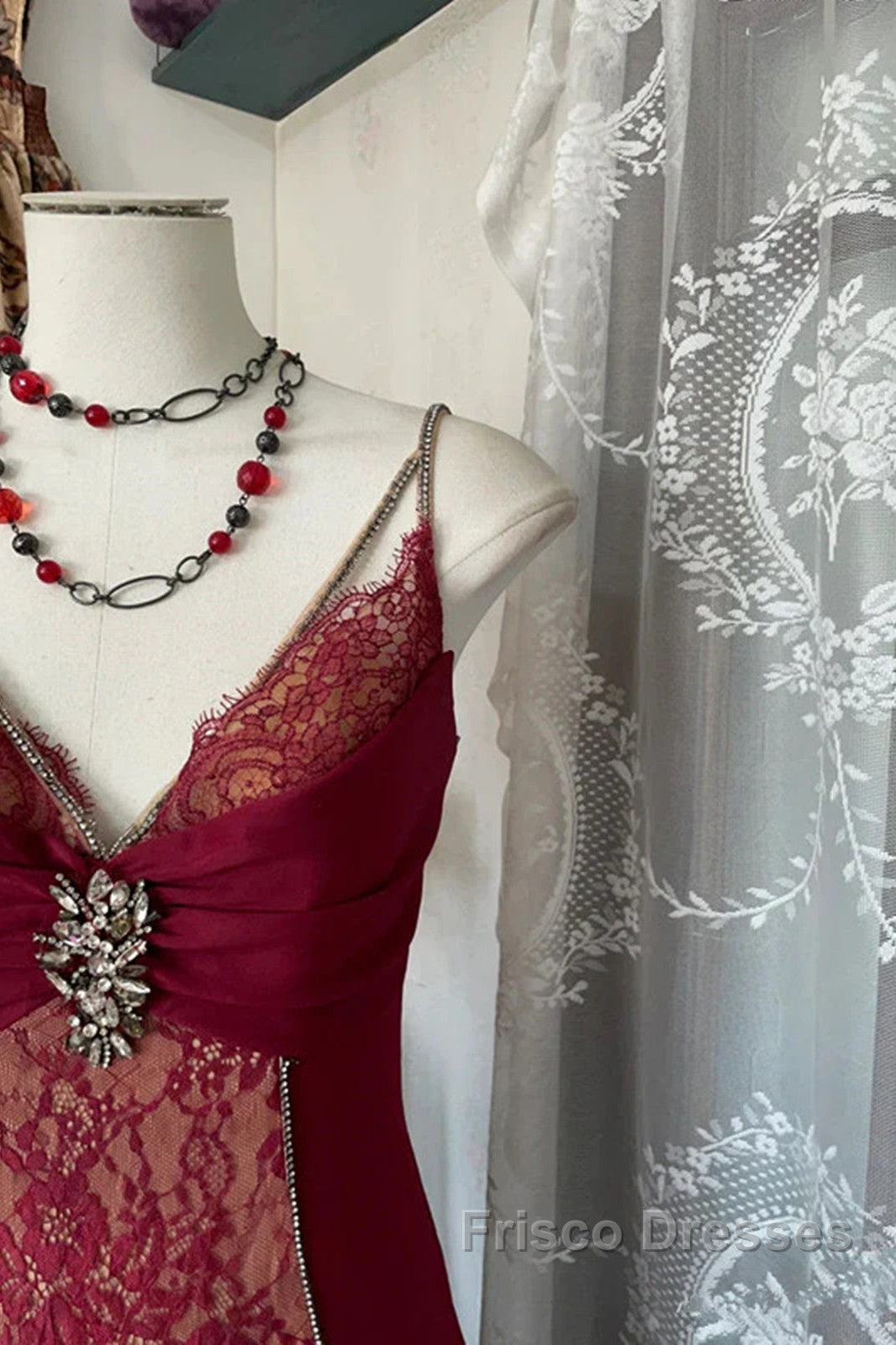 Wine Red Mermaid Straps Sweetheart Party Dress, Wine Red Lace Formal Prom Dress