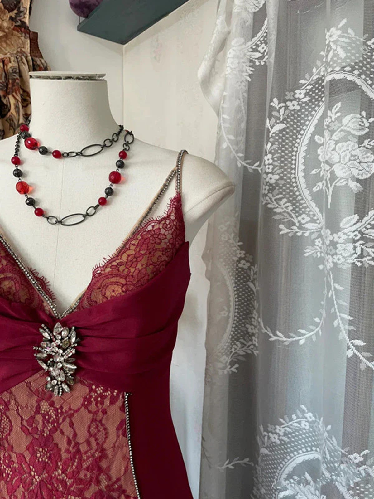 Wine Red Mermaid Straps Sweetheart Party Dress, Wine Red Lace Prom Dress Secondary image