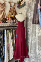 Wine Red Mermaid Straps Sweetheart Party Dress, Wine Red Lace Formal Prom Dress
