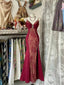Wine Red Mermaid Straps Sweetheart Party Dress, Wine Red Lace Prom Dress