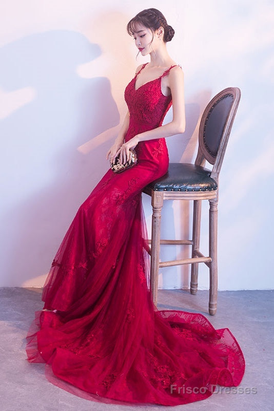 Wine Red Mermaid Tulle With Lace Applique Low Back Party Dress, Dark Red Evening Dresses