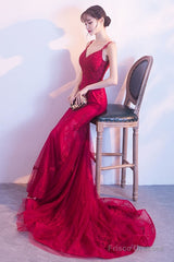 Wine Red Mermaid Tulle With Lace Applique Low Back Party Dress, Dark Red Evening Dresses