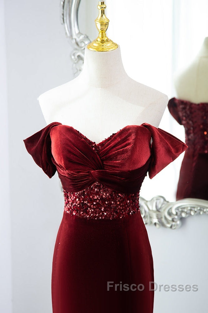 Wine Red Mermaid Velvet Long Party Dress, Wine Red Formal Prom Dress Evening Dress