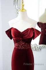 Wine Red Mermaid Velvet Long Party Dress, Wine Red Formal Prom Dress Evening Dress