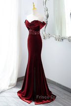 Wine Red Mermaid Velvet Long Party Dress, Wine Red Formal Prom Dress Evening Dress