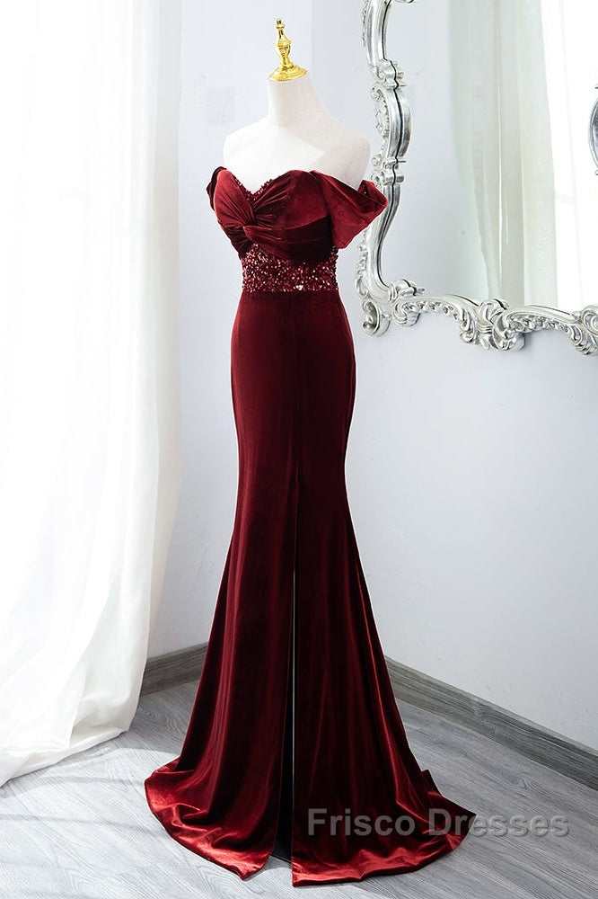 Wine Red Mermaid Velvet Long Party Dress, Wine Red Formal Prom Dress Evening Dress