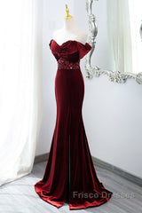 Wine Red Mermaid Velvet Long Party Dress, Wine Red Formal Prom Dress Evening Dress