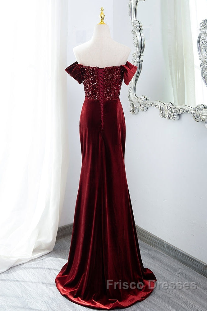 Wine Red Mermaid Velvet Long Party Dress, Wine Red Formal Prom Dress Evening Dress