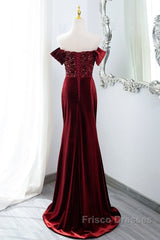 Wine Red Mermaid Velvet Long Party Dress, Wine Red Formal Prom Dress Evening Dress