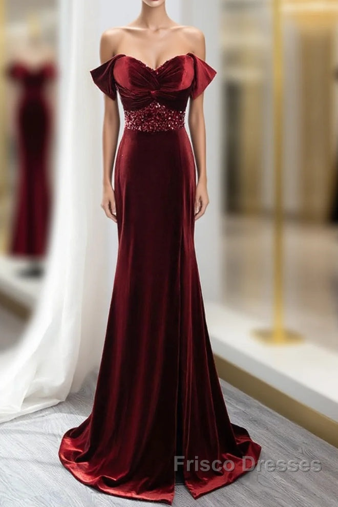 Wine Red Mermaid Velvet Long Party Dress, Wine Red Formal Prom Dress Evening Dress Main image
