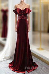 Wine Red Mermaid Velvet Long Party Dress, Wine Red Formal Prom Dress Evening Dress