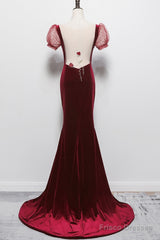 Wine Red Mermaid Velvet With Short Sleeves Formal Dress, Wine Red Evening Dress