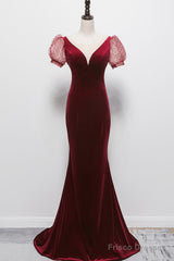 Wine Red Mermaid Velvet With Short Sleeves Formal Dress, Wine Red Evening Dress
