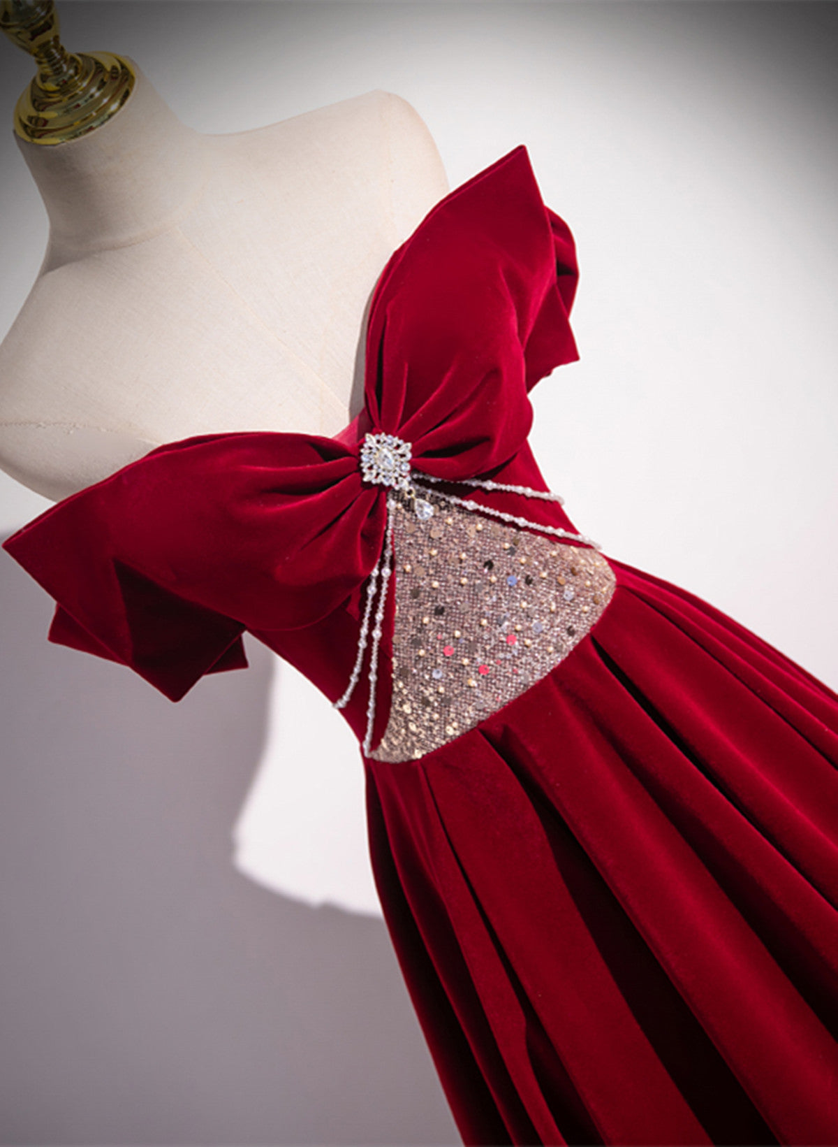 Wine Red Off Shoulder Beaded Long Velvet Party Dress, Wine Red Prom Dress Secondary image