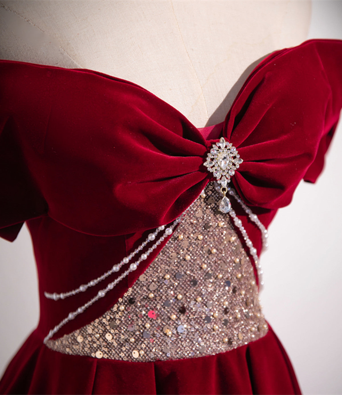 Wine Red Off Shoulder Beaded Long Velvet Party Dress, Wine Red Prom Dress