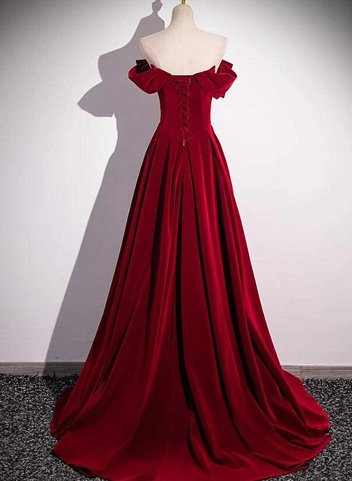 Wine Red Off Shoulder Beaded Long Velvet Party Dress, Wine Red Prom Dress