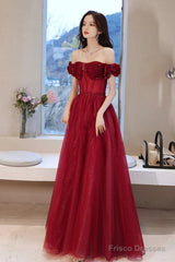 Wine Red Off Shoulder Beaded Sweetheart Long Party Dress, A-Line Prom Dress
