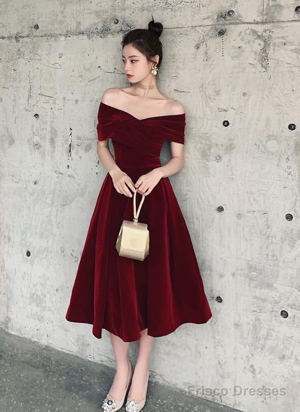 Wine Red Off Shoulder Chic Sweetheart Tea Length Party Dress,Velvet Evening Dress Secondary image