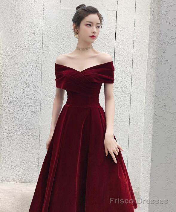 Wine Red Off Shoulder Chic Sweetheart Tea Length Party Dress,Velvet Evening Dress