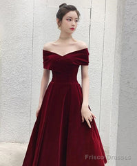 Wine Red Off Shoulder Chic Sweetheart Tea Length Party Dress,Velvet Evening Dress