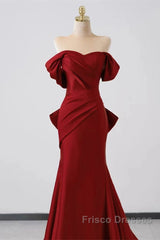 Wine Red Off Shoulder Mermaid Long Party Dress, Wine Red Evening Dress Formal Prom Dress