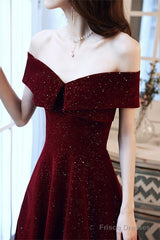 Wine Red Off Shoulder Prom Dress, Long Elegant Bridal Gown Sparkly Velvet Party Dress