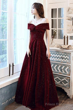 Wine Red Off Shoulder Prom Dress, Long Elegant Bridal Gown Sparkly Velvet Party Dress