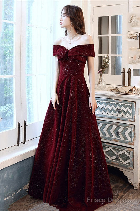 Wine Red Off Shoulder Prom Dress, Long Elegant Bridal Gown Sparkly Velvet Party Dress
